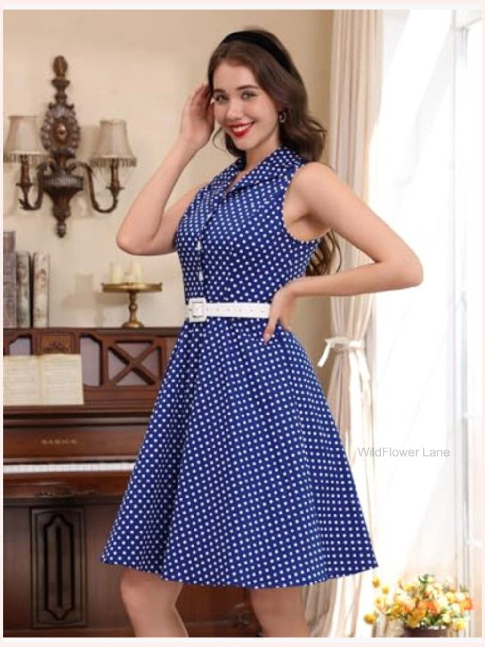 1950s Retro Polka Dot Swing Midi Dress Sleeveless Notched Lapel Belt - Picture 3 of 6